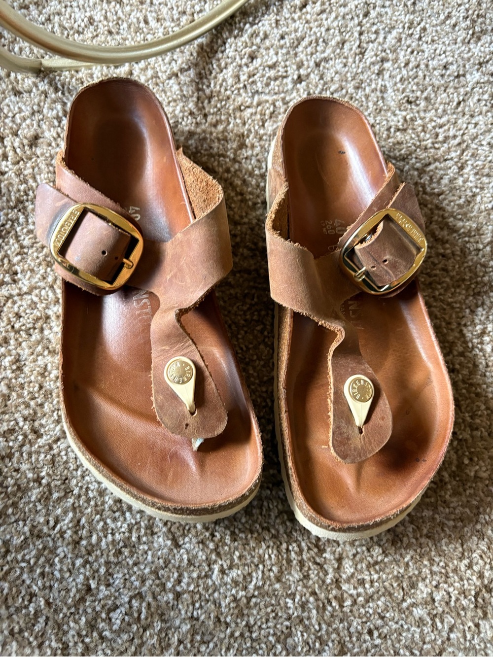 Birkenstock Brown Leather Thong Sandals with Gold Buckles